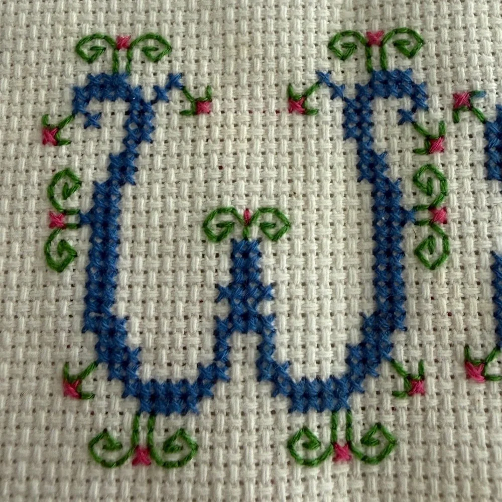 Handmade Welcome Cross Stitch Embroidery Sampler Blue Floral Decor‎ 17.5x6